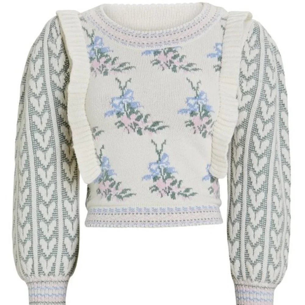 Loveshackfancy Warwick knit sweater floral ruffle hearts XS - Picture 6 of 17